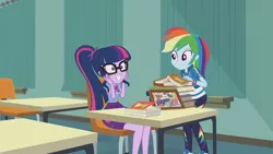 Size: 3410x1920 | Tagged: safe, derpibooru import, screencap, rainbow dash, sci-twi, twilight sparkle, equestria girls, equestria girls series, the last day of school, book, bowtie, clothes, cutie mark, cutie mark on clothes, female, geode of super speed, geode of telekinesis, glasses, grin, high res, hoodie, image, jewelry, jpeg, magical geodes, necklace, ponytail, smiling