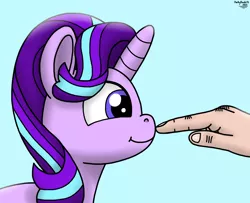 Size: 2048x1659 | Tagged: safe, artist:darkyboode32, derpibooru import, starlight glimmer, human, pony, unicorn, blue background, boop, cute, derpibooru exclusive, duo, female, finger, glimmerbetes, hand, image, mare, offscreen character, offscreen human, png, simple background, smiling