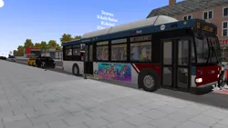 Size: 1366x768 | Tagged: safe, artist:electrahybrida, derpibooru import, hitch trailblazer, izzy moonbow, pipp petals, sunny starscout, zipp storm, my little pony: a new generation, advertisement, bus, bus stop, cayuga and northern transportation authority, derpibooru exclusive, g5, image, omsi 2, orion vii next generation, png, taxi