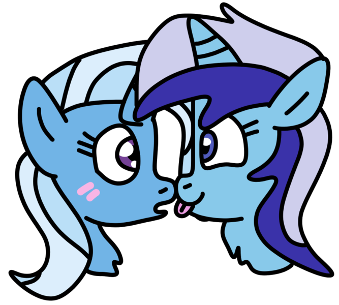 Size: 900x810 | Tagged: safe, artist:jadethepegasus, derpibooru import, minuette, trixie, pony, unicorn, :p, blushing, boop, chest fluff, eye contact, female, horn, image, lesbian, looking at each other, mare, minixie, noseboop, open mouth, png, shipping, simple background, smiling, tongue out, transparent background, two toned mane
