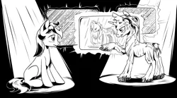 Size: 4256x2364 | Tagged: safe, artist:lexx2dot0, derpibooru import, fluttershy, oc, oc:blackjack, oc:goldenblood, unofficial characters only, ghoul, pony, undead, unicorn, fallout equestria, fallout equestria: project horizons, black and white, clon, fanfic art, grayscale, horn, image, monochrome, png, small horn