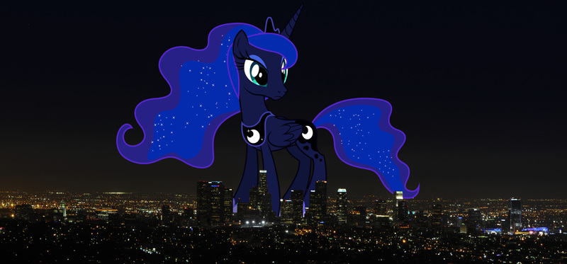 Size: 3430x1600 | Tagged: safe, artist:dashiesparkle edit, artist:theotterpony, derpibooru import, edit, vector edit, princess luna, alicorn, pony, female, giant pony, giantess, highrise ponies, image, irl, jpeg, macro, mare, photo, ponies in real life, solo, story included, vector