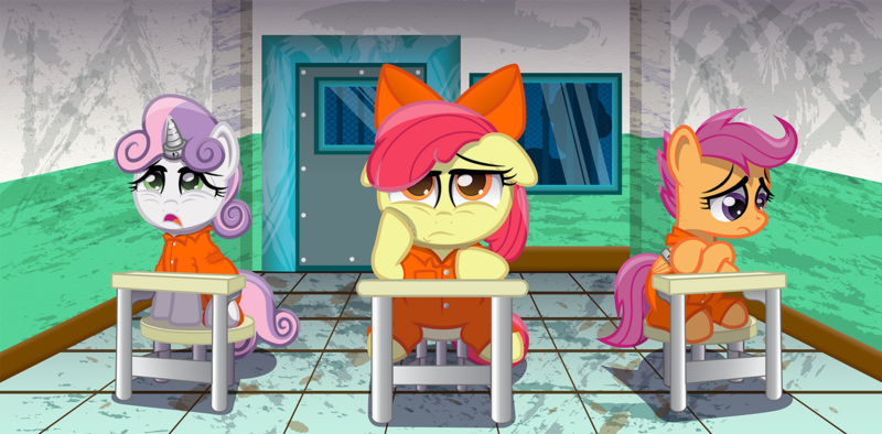 Size: 1273x627 | Tagged: safe, artist:spellboundcanvas, derpibooru import, apple bloom, scootaloo, sweetie belle, earth pony, pegasus, pony, unicorn, apple bloom's bow, bored, bow, classroom, clothes, cutie mark crusaders, desk, door, female, floppy ears, hair bow, image, jumpsuit, nervous, open mouth, png, prison, prison outfit, prisoner, sad, school, tired, trio, trio female, window, wing cuffs