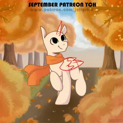 Size: 2894x2894 | Tagged: safe, artist:jellysiek, derpibooru import, oc, alicorn, earth pony, pegasus, pony, unicorn, autumn, clothes, commission, image, jpeg, patreon, scarf, solo, your character here