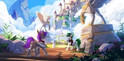 Size: 3000x1471 | Tagged: safe, artist:redchetgreen, derpibooru import, oc, unofficial characters only, pegasus, pony, unicorn, butt, canterlot, clothes, duo, high res, horn, image, mountain, open mouth, pegasus oc, plot, png, scenery, scenery porn, statue, unicorn oc, wings