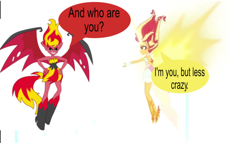 Size: 1280x800 | Tagged: safe, derpibooru import, edit, edited screencap, screencap, sunset shimmer, equestria girls, equestria girls (movie), friendship games, daydream shimmer, dialogue, duo, duo female, female, image, png, self paradox, simple background, spread wings, sunset satan, sunset shimmer day, white background, wings