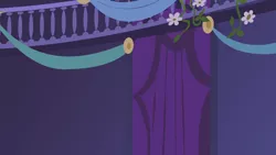Size: 1280x720 | Tagged: safe, derpibooru import, screencap, friendship is magic, background, balcony, curtain, flower, image, liminal space, night, no pony, png, ponyville town hall, scenic ponyville