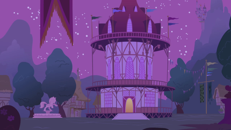 Size: 1280x720 | Tagged: safe, derpibooru import, screencap, friendship is magic, background, image, mountain, night, no pony, png, ponyville, ponyville town hall, scenic ponyville, sky, stars, statue, tree
