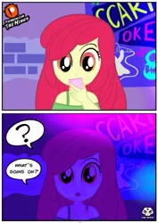 Size: 575x813 | Tagged: safe, alternate version, artist:theminus, derpibooru import, apple bloom, equestria girls, blacklight, image, jpeg, looking at you, open mouth, question mark, speech bubble