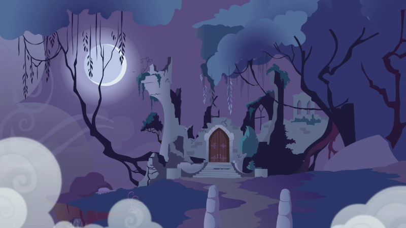 Size: 1280x720 | Tagged: safe, derpibooru import, screencap, friendship is magic, background, castle of the royal pony sisters, everfree forest, fog, image, moon, night, no pony, png, ruins, scenic ponyville, tree