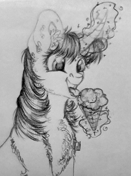 Size: 786x1060 | Tagged: safe, artist:skior, derpibooru import, twilight sparkle, pony, food, ice cream, image, jpeg, magic, monochrome, solo, traditional art