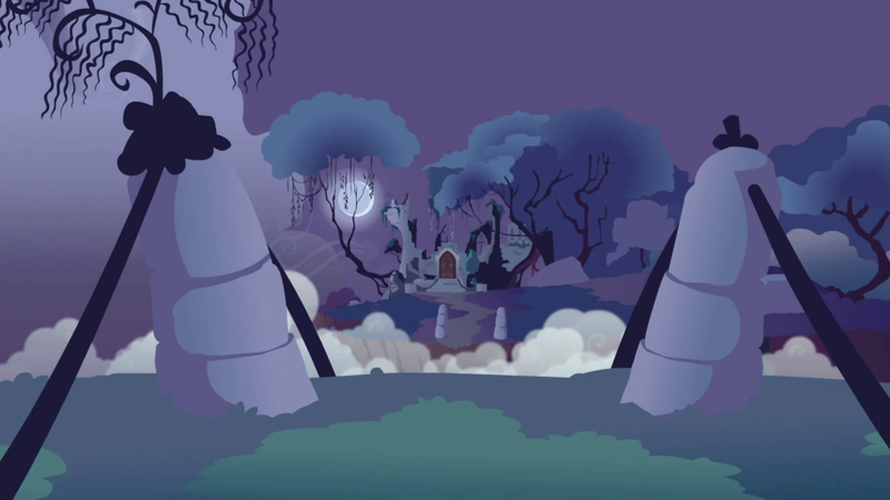 Size: 1280x720 | Tagged: safe, derpibooru import, screencap, friendship is magic, background, bridge, castle of the royal pony sisters, everfree forest, fog, image, moon, night, no pony, png, ruins, scenic ponyville, tree