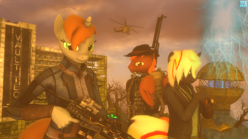 Size: 1920x1080 | Tagged: safe, artist:tfc0234, derpibooru import, oc, oc:calamity, oc:littlepip, oc:velvet remedy, anthro, fallout equestria, anthro oc, crossover, gauss rifle, image, looking at you, mi-24, png, rpk, s.t.a.l.k.e.r., weapon