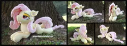 Size: 4755x1754 | Tagged: safe, artist:peruserofpieces, derpibooru import, fluttershy, bat pony, pegasus, pony, bat ponified, bat wings, beanie (plushie), fangs, female, flutterbat, image, irl, looking at you, lying down, mare, photo, plushie, png, prone, race swap, solo, sploot, tree, wings