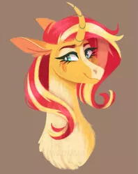 Size: 697x882 | Tagged: safe, artist:wanderingpegasus, derpibooru import, sunset shimmer, pony, unicorn, brown background, chest fluff, curved horn, cute, female, horn, image, mare, markings, png, redesign, shimmerbetes, simple background, solo, sunset shimmer day