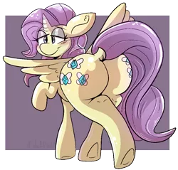 Size: 935x895 | Tagged: safe, artist:malachimoet, author:bigonionbean, derpibooru import, fluttershy, rarity, oc, oc:charitable nature, pegasus, pony, unicorn, butt, commissioner:bigonionbean, cutie mark, eyeshadow, female, flank, fusion, fusion:charitable nature, image, makeup, mare, not an alicorn, plot, png