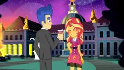 Size: 1024x576 | Tagged: safe, artist:redyoshi1992, derpibooru import, flash sentry, sunset shimmer, equestria girls, blushing, female, flashimmer, image, jpeg, male, shipping, straight