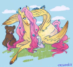 Size: 1280x1184 | Tagged: safe, artist:silenceartist, artist:triscuit-cafe, derpibooru import, fluttershy, bear, bird, pegasus, pony, rabbit, animal, cloud, cloven hooves, colored eartips, colored hooves, colored wings, colored wingtips, female, flower, flower in hair, flower in tail, grass, hair over one eye, head turned, image, lidded eyes, looking at someone, looking down, lying down, mare, one wing out, outdoors, png, prone, sitting on wing, smiling, solo, tail, unshorn fetlocks, wings