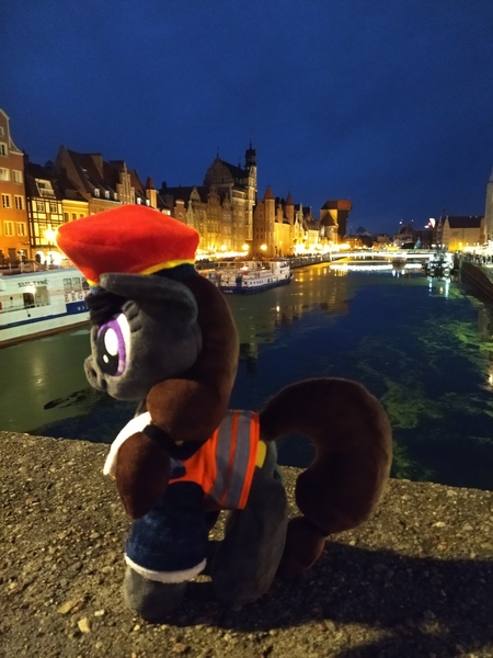 Size: 3000x4000 | Tagged: safe, derpibooru import, oc, oc:steel road, gdansk, image, jpeg, night, photo, plushie, poland, trip