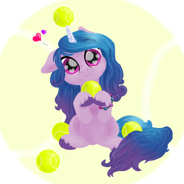 Size: 1000x1000 | Tagged: safe, artist:galioncyapon, derpibooru import, izzy moonbow, pony, unicorn, ball, cute, female, floating heart, g5, heart, horn, hornball, image, izzy's tennis ball, looking at you, png, solo, tennis ball, that pony sure does love tennis balls