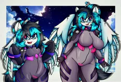 Size: 4096x2792 | Tagged: suggestive, alternate version, artist:canvymamamoo, derpibooru import, oc, oc:canvy, unofficial characters only, anthro, pegasus, pony, semi-anthro, abstract background, big breasts, bipedal, blushing, bodysuit, breasts, clothes, cloud, duo, duo female, ear fluff, female, frog (hoof), hair bun, image, jpeg, looking at you, mare, night, open mouth, pegasus oc, plugsuit, self ponidox, smiling, stars, tattoo, underhoof, underwear, wide hips, wings, womb tattoo