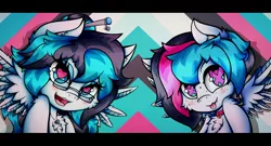 Size: 4096x2219 | Tagged: safe, alternate version, artist:canvymamamoo, derpibooru import, oc, oc:canvy, oc:echy, unofficial characters only, pegasus, pony, abstract background, brother and sister, chest fluff, collar, duo, ear fluff, fangs, female, freckles, glasses, hair bun, heart eyes, image, jewelry, jpeg, looking at you, male, mare, necklace, open mouth, siblings, smiling, spread wings, stallion, tongue out, tree, twins, wingding eyes, wings