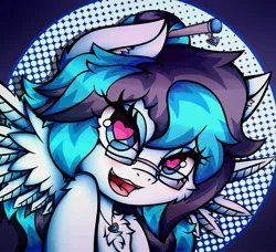 Size: 3169x2894 | Tagged: safe, artist:canvymamamoo, derpibooru import, oc, oc:canvy, unofficial characters only, pegasus, pony, abstract background, chest fluff, circle background, ear fluff, fangs, female, hair bun, heart eyes, image, jewelry, jpeg, lidded eyes, looking at you, mare, necklace, open mouth, smiling, solo, spread wings, wingding eyes, wings