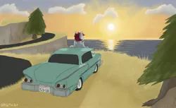 Size: 3564x2178 | Tagged: safe, artist:reddthebat, derpibooru import, oc, oc:reddthebat, bat pony, pony, car, classic car, cliff, image, jpeg, ocean, road, solo, sunset