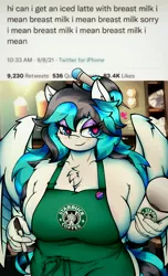 Size: 2480x4080 | Tagged: suggestive, artist:canvymamamoo, derpibooru import, oc, oc:canvy, unofficial characters only, anthro, pegasus, pony, apron, barista, bedroom eyes, big breasts, breasts, chest fluff, cleavage, clothes, ear fluff, eyeshadow, female, hair bun, holding, huge breasts, image, jpeg, lidded eyes, makeup, mare, meme, meta, naked apron, ponified meme, sharpie, smiling, solo, solo female, starbucks, twitter