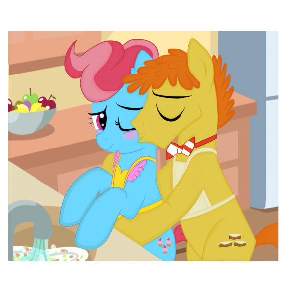 Size: 5000x5100 | Tagged: safe, artist:amgiwolf, derpibooru import, carrot cake, cup cake, earth pony, pony, apron, base used, canon couple, clothes, female, hug, hug from behind, husband and wife, image, kitchen, male, married couple, png, shipping