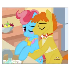 Size: 5000x5100 | Tagged: safe, artist:amgiwolf, derpibooru import, carrot cake, cup cake, earth pony, pony, apron, base used, canon couple, clothes, female, hug, hug from behind, husband and wife, image, kitchen, male, married couple, png, shipping