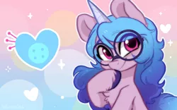 Size: 1920x1200 | Tagged: safe, alternate version, artist:colorfulcolor233, derpibooru import, izzy moonbow, pony, unicorn, bust, chest fluff, cute, cutie mark, female, g5, glasses, heart, hoof on chin, image, izzybetes, jpeg, looking at you, mare, round glasses, smiling, solo