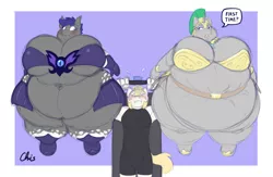 Size: 3900x2550 | Tagged: suggestive, artist:nekocrispy, derpibooru import, oc, oc:heavy defense, oc:midnight blossom, oc:valiant, unofficial characters only, anthro, bat pony, unicorn, armor, armor bikini, armor skirt, bat pony oc, bat wings, belly, belt, big belly, big breasts, blushing, breasts, butt freckles, chubby, chubby cheeks, clothes, coat markings, fat, freckles, helmet, horn, huge belly, huge breasts, image, impossibly large belly, impossibly large breasts, jpeg, large belly, night guard, royal guard, skimpy armor, skirt, socks (coat marking), sweat, tight clothing, unicorn oc, weight lifting, wide hips, wings