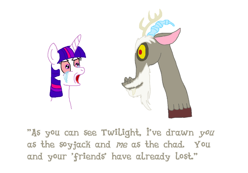 Size: 1494x1043 | Tagged: safe, artist:t.s. lightner, derpibooru import, discord, twilight sparkle, draconequus, pony, unicorn, angry, chad, crying, dialogue, duo, female, heartbreak, image, male, mare, meme, nordic gamer, png, ponified meme, soyjak, tears of anger, unicorn twilight, your argument is invalid