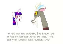 Size: 1494x1043 | Tagged: safe, artist:t.s. lightner, derpibooru import, discord, twilight sparkle, draconequus, pony, unicorn, angry, chad, crying, dialogue, duo, female, heartbreak, image, male, mare, meme, nordic gamer, png, ponified meme, soyjak, tears of anger, unicorn twilight, your argument is invalid