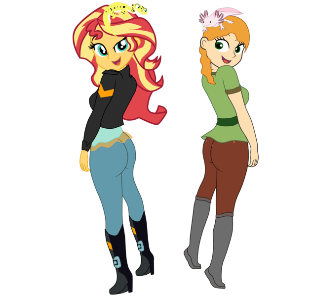 Size: 4200x3960 | Tagged: safe, artist:gmaplay, derpibooru import, ray, sunset shimmer, axolotl, gecko, equestria girls, 2 female, alex minecraft, bunset shimmer, butt, image, minecraft, png, solo, sunset shimmer day