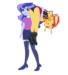 Size: 5177x5718 | Tagged: suggestive, artist:gmaplay, derpibooru import, princess luna, sunset shimmer, equestria girls, ass, black background, bunset shimmer, butt, carrying, clothes, image, panties, png, simple background, skirt, solo, sunset shimmer is not amused, unamused, unconscious, underwear, upskirt, vice principal luna