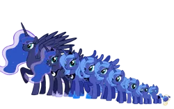 Size: 872x546 | Tagged: safe, artist:soft_angel, derpibooru import, princess luna, alicorn, pony, unicorn, age progression, baby, baby pony, crown, female, filly, hoof shoes, image, jewelry, mare, png, regalia, simple background, transparent background, ultimate luna, younger