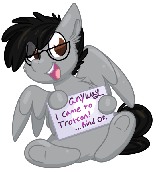 Size: 1996x2108 | Tagged: safe, artist:littleblackraencloud, derpibooru import, oc, oc:moon ray, unofficial characters only, pegasus, pony, anyway come to trotcon, glasses, image, male, pegasus oc, png, sign, smiling, solo, trotcon, trotcon online, wings