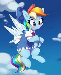 Size: 2723x3336 | Tagged: safe, artist:pabbley, derpibooru import, rainbow dash, pegasus, pony, blushing, bow, cirno, clothes, cosplay, costume, dress, female, flying, hair bow, image, jpeg, mare, solo, touhou