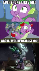 Size: 500x916 | Tagged: semi-grimdark, artist:gsphere, derpibooru import, edit, edited screencap, screencap, spike, dragon, friendship is witchcraft, horse play, it ain't easy being breezies, abuse, clothes, electrocution, food, hoodie, image, jpeg, lightning, lightning rod, male, op isn't even trying anymore, read it and sleep, solo, solo focus, spikeabuse, spikeposting, stage, suicide, tomato, tomatoes