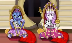 Size: 1280x772 | Tagged: safe, artist:lynnthenerdkitty, derpibooru import, princess celestia, princess luna, alicorn, pony, clothes, coronation, crown, dress, image, jewelry, jpeg, pink-mane celestia, regalia, s1 luna, scepter