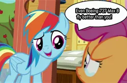 Size: 2948x1928 | Tagged: safe, derpibooru import, edit, edited screencap, screencap, rainbow dash, scootaloo, pegasus, pony, the last crusade, abuse, clubhouse, crusaders clubhouse, crying, dialogue, female, filly, floppy ears, folded wings, image, jpeg, mare, open mouth, sad, scootabuse, speech bubble, wings
