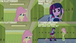 Size: 1280x720 | Tagged: safe, derpibooru import, edit, edited screencap, editor:quoterific, screencap, fluttershy, spike, twilight sparkle, dog, equestria girls, equestria girls (movie), boots, clothes, cutie mark, cutie mark on clothes, female, hairpin, image, jpeg, lockers, male, open mouth, shoes, smiling, spike the dog