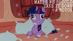 Size: 1280x720 | Tagged: safe, derpibooru import, edit, edited screencap, editor:quoterific, screencap, twilight sparkle, pony, unicorn, look before you sleep, season 1, cross-eyed, female, golden oaks library, image, jpeg, library, mare, pillow, solo, unicorn twilight