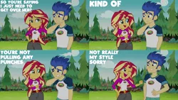 Size: 1280x720 | Tagged: safe, derpibooru import, edit, edited screencap, editor:quoterific, screencap, flash sentry, sunset shimmer, equestria girls, legend of everfree, camp everfree outfits, crossed arms, female, hand on hip, image, male, one eye closed, open mouth, png, smiling