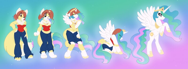 Size: 1280x469 | Tagged: safe, artist:akuoreo, derpibooru import, princess celestia, oc, alicorn, pony, female, furry, furry oc, furry to pony, gradient background, image, jpeg, transformation, transformation sequence