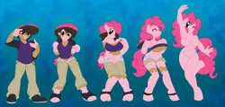 Size: 1500x715 | Tagged: dead source, suggestive, artist:akuoreo, derpibooru import, pinkie pie, anthro, barbie doll anatomy, breasts, busty pinkie pie, clothes, female, happy, human to anthro, human to pony, image, png, rule 63, smiling, solo, solo female, transformation, transgender transformation