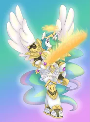Size: 741x1000 | Tagged: safe, artist:akuoreo, derpibooru import, princess celestia, alicorn, anthro, pony, armor, crossover, crown, cutie mark, empress, ethereal mane, ethereal tail, fantasy class, female, fire, flaming sword, flowing mane, flowing tail, god empress of ponykind, god-emperor of mankind, gradient background, halo, horn, image, jewelry, mare, multicolored mane, multicolored tail, png, power armor, powered exoskeleton, praise the sun, purple eyes, regalia, royalty, solo, sparkles, spread wings, sword, tiara, warhammer (game), warhammer 40k, warrior, warrior celestia, weapon, wings