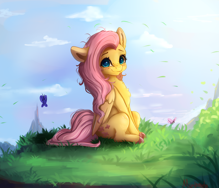 Size: 4000x3430 | Tagged: safe, artist:miokomata, derpibooru import, fluttershy, butterfly, insect, pegasus, pony, blushing, colored hooves, cute, daaaaaaaaaaaw, female, freckles, freckleshy, grass, image, looking at you, mare, miokomata is trying to murder us, png, shyabetes, sitting, solo